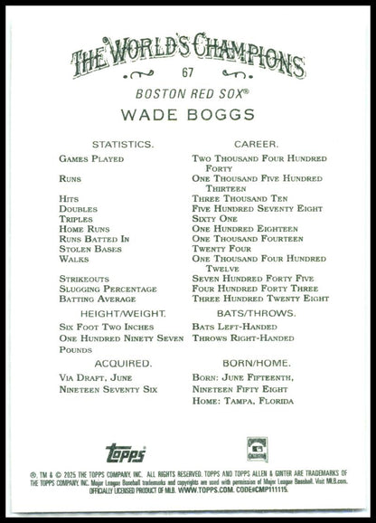 2025 Topps Allen & Ginter Foil Filagree #67 Wade Boggs Boston Red Sox
