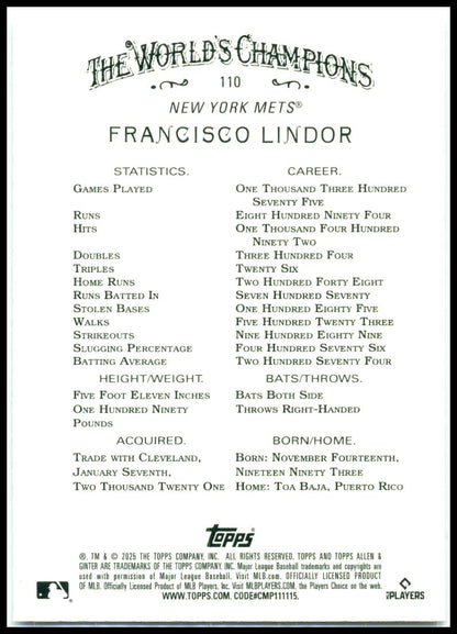 2025 Topps Allen & Ginter Silver Portrait #110 Francisco Lindor New York Mets