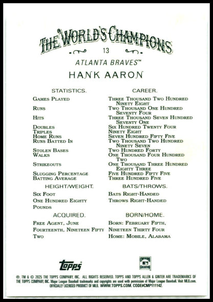 2025 Topps Allen & Ginter Silver Portrait #13 Hank Aaron Atlanta Braves