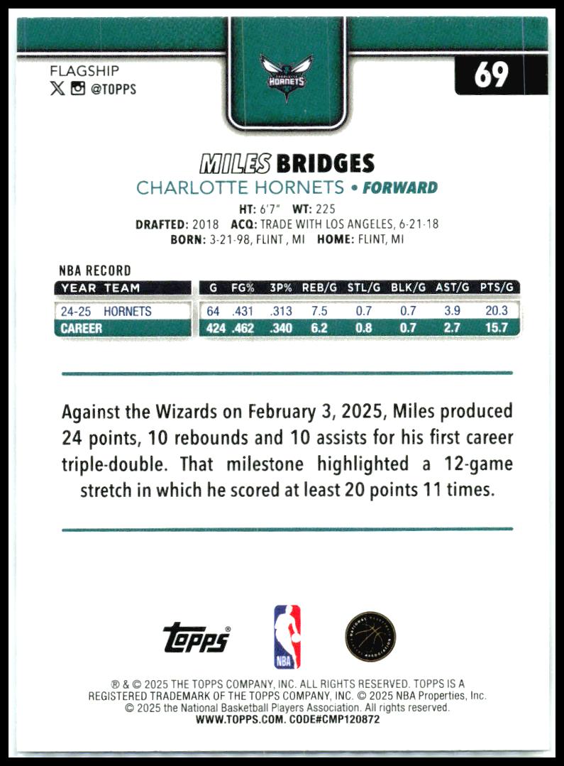 2025-26 Topps Diamante #69 Miles Bridges Charlotte Hornets