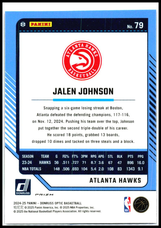 2024-25 Donruss Optic Hyper Pink #79 Jalen Johnson Atlanta Hawks