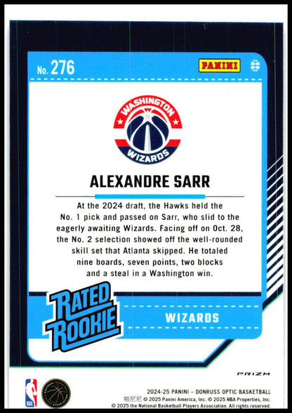 2024-25 Donruss Optic Hyper Pink #276 Alexandre Sarr Rookie Washington Wizards