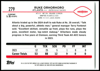 2024 Topps Chrome #279 Ruke Orhorhoro Rookie Atlanta Falcons