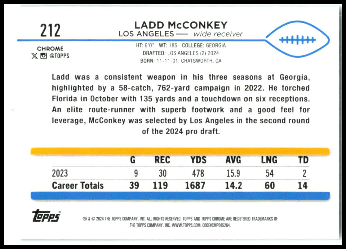 2024 Topps Chrome #212 Ladd McConkey Rookie Los Angeles Chargers