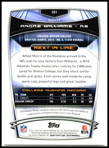 2014 Bowman Rookies #101 Andre Williams Rookie New York Giants