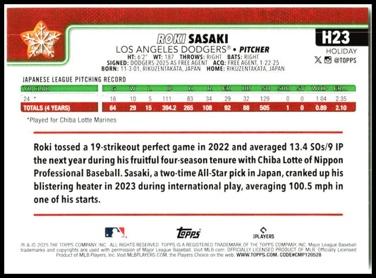 2025 Topps Holiday Cookie Variation Back #HE-24 Roki Sasaki Los Angeles Dodgers