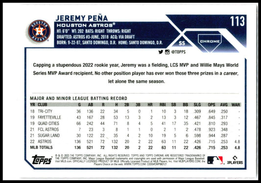 2023 Topps Chrome Pink Refractors #113 Jeremy Peña Houston Astros