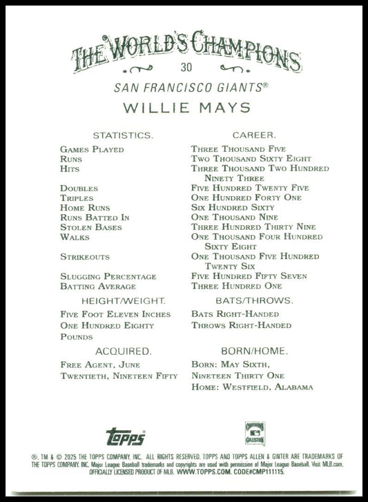 2025 Topps Allen & Ginter #30 Willie Mays San Francisco Giants