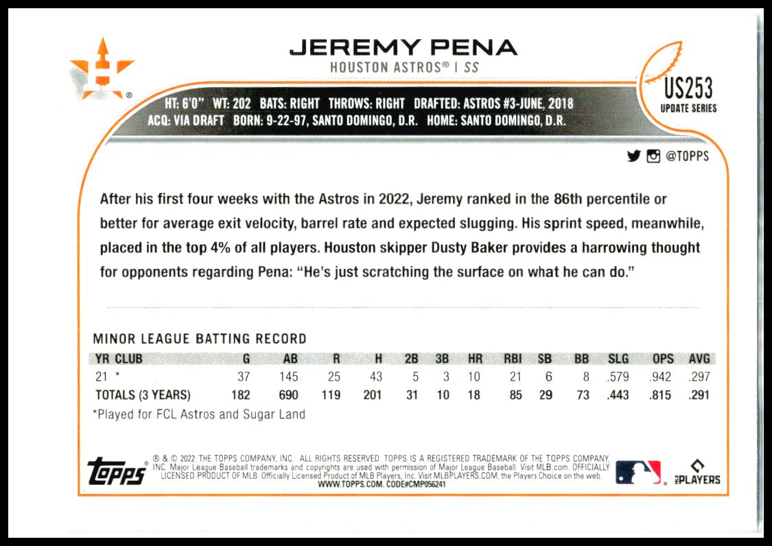 2022 Topps #us253 Jeremy Pena Rookie Houston Astros