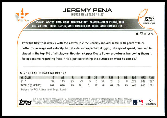 2022 Topps #us253 Jeremy Pena Rookie Houston Astros