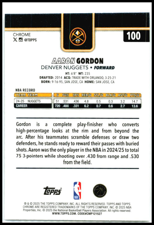 2025-26 Topps Chrome Prism Refractor #100 Aaron Gordon Denver Nuggets