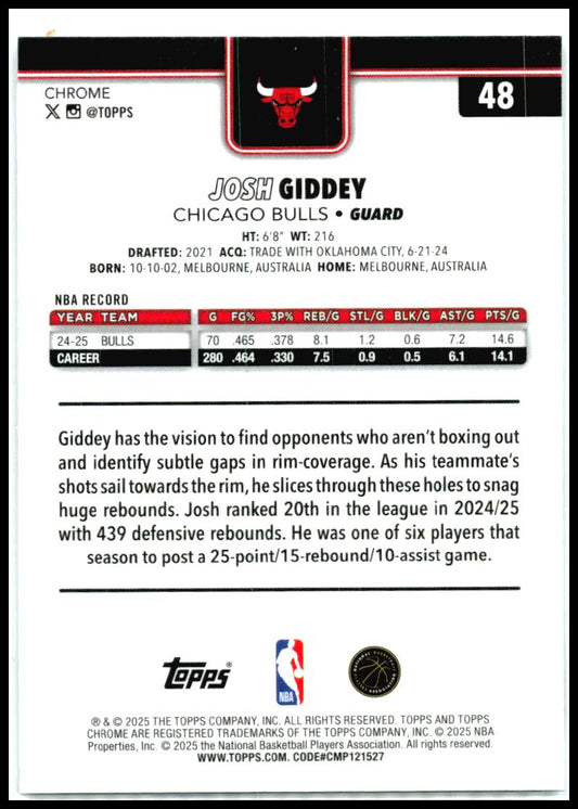 2025-26 Topps Chrome RayWave Refractor #48 Josh Giddey Chicago Bulls