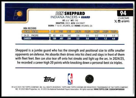 2025-26 Topps Chrome X-Fractor #94 Ben Sheppard Indiana Pacers