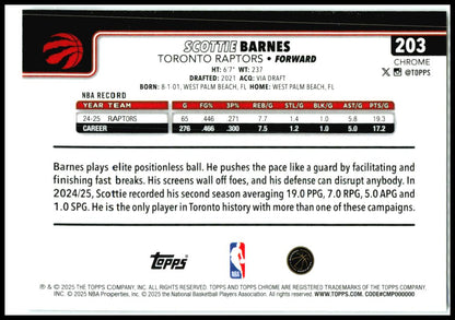 2025-26 Topps Chrome RayWave Refractor #203 Scottie Barnes Toronto Raptors