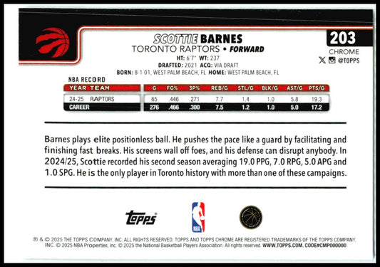 2025-26 Topps Chrome RayWave Refractor #203 Scottie Barnes Toronto Raptors