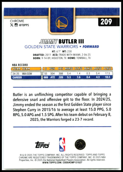 2025-26 Topps Chrome Prism Refractor #209 Jimmy Butler III Golden State Warriors