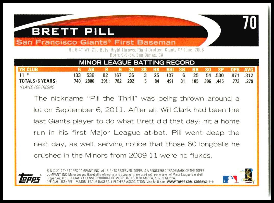2012 Topps #70 Brett Pill San Francisco Giants