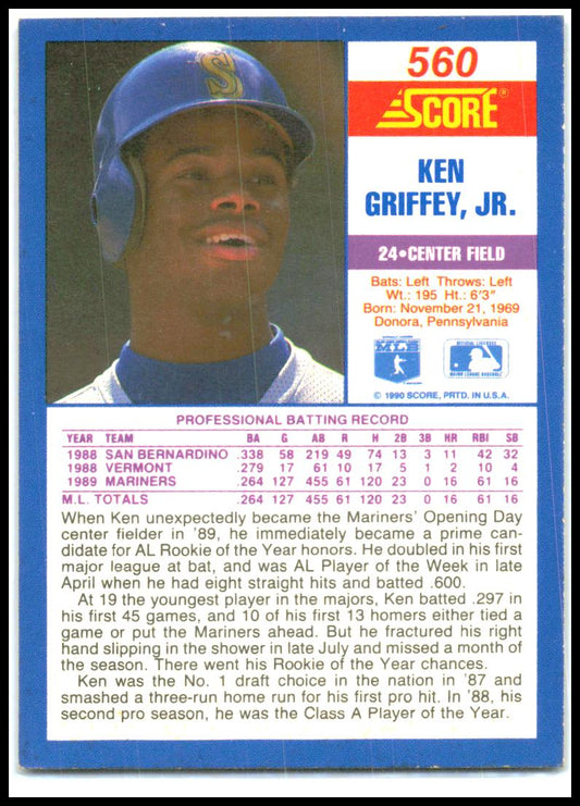 1990 Score #560 Ken Griffey, Jr. Seattle Mariners