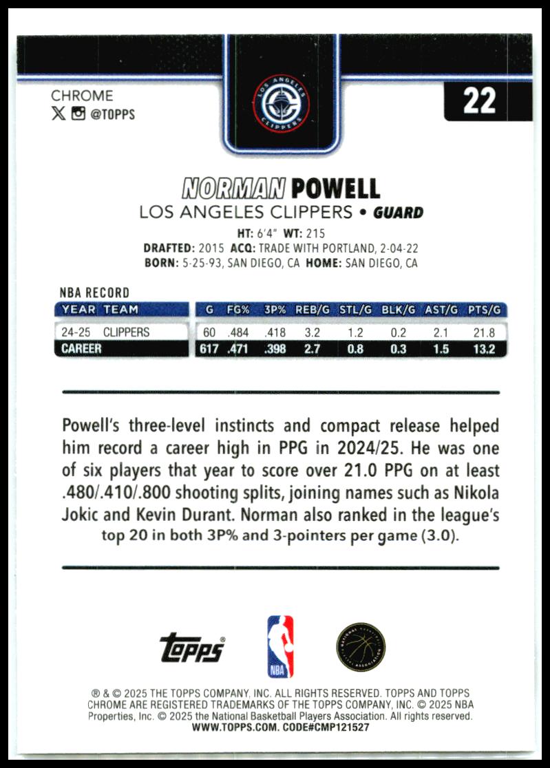 2025-26 Topps Chrome Prism Refractor #22 Norman Powell Los Angeles Clippers