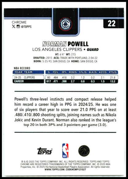 2025-26 Topps Chrome Prism Refractor #22 Norman Powell Los Angeles Clippers