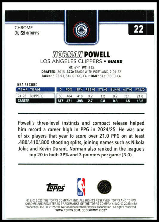2025-26 Topps Chrome Prism Refractor #22 Norman Powell Los Angeles Clippers