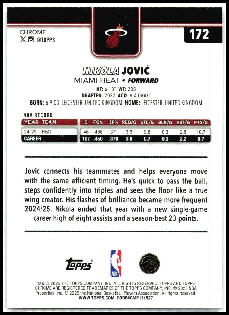 2025-26 Topps Chrome X-Fractor #172 Nikola Jović Miami Heat