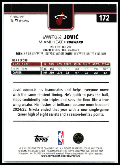 2025-26 Topps Chrome X-Fractor #172 Nikola Jović Miami Heat