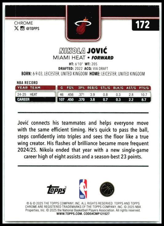 2025-26 Topps Chrome X-Fractor #172 Nikola Jović Miami Heat