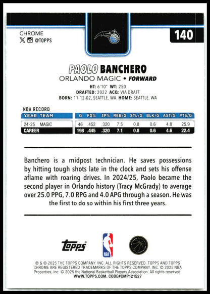 2025-26 Topps Chrome Basketball Refractor #140 Paolo Banchero Orlando Magic