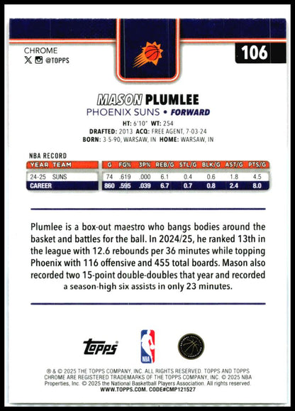 2025-26 Topps Chrome Red White and Blue Refractor #106 Mason Plumlee Suns