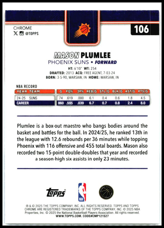 2025-26 Topps Chrome Red White and Blue Refractor #106 Mason Plumlee Suns