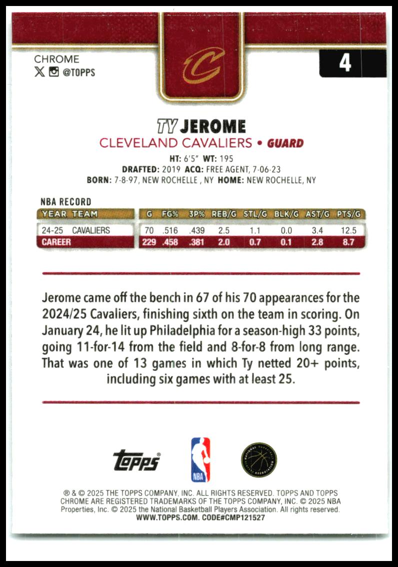2025-26 Topps Chrome Prism Refractor #4 Ty Jerome Cleveland Cavaliers