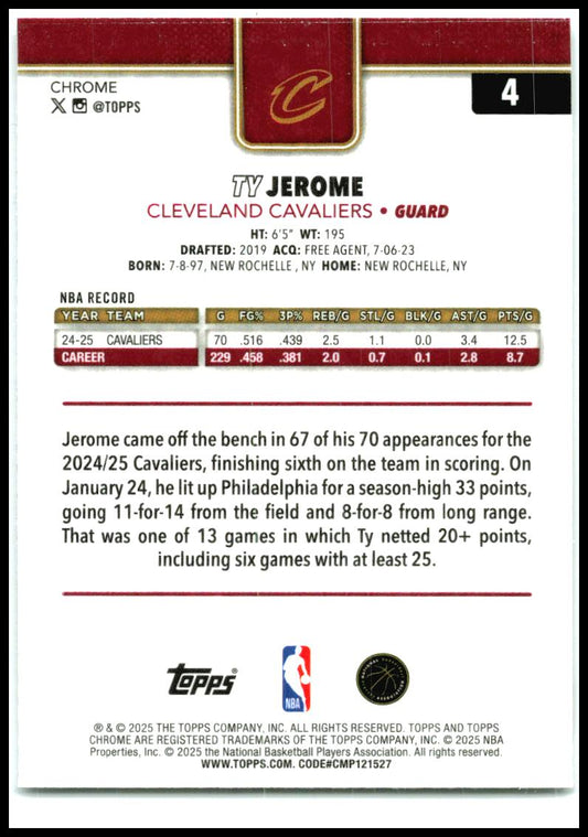 2025-26 Topps Chrome Prism Refractor #4 Ty Jerome Cleveland Cavaliers