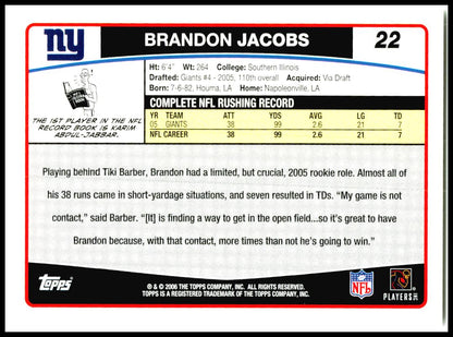 2006 Topps #22 Brandon Jacobs New York Giants