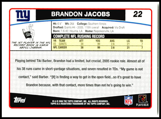 2006 Topps #22 Brandon Jacobs New York Giants