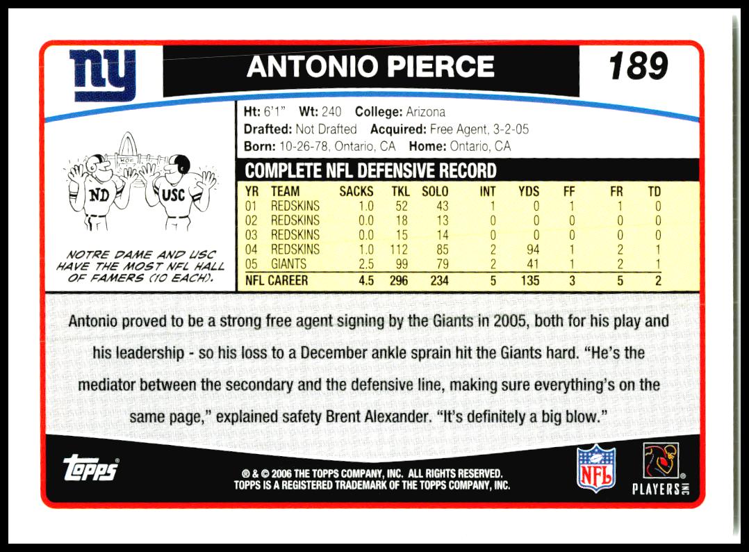 2006 Topps #189 Antonio Pierce New York Giants