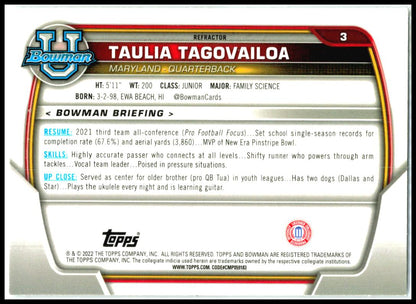 2022 Bowman University Chrome #3 Taulia Tagovailoa Maryland Terrapins