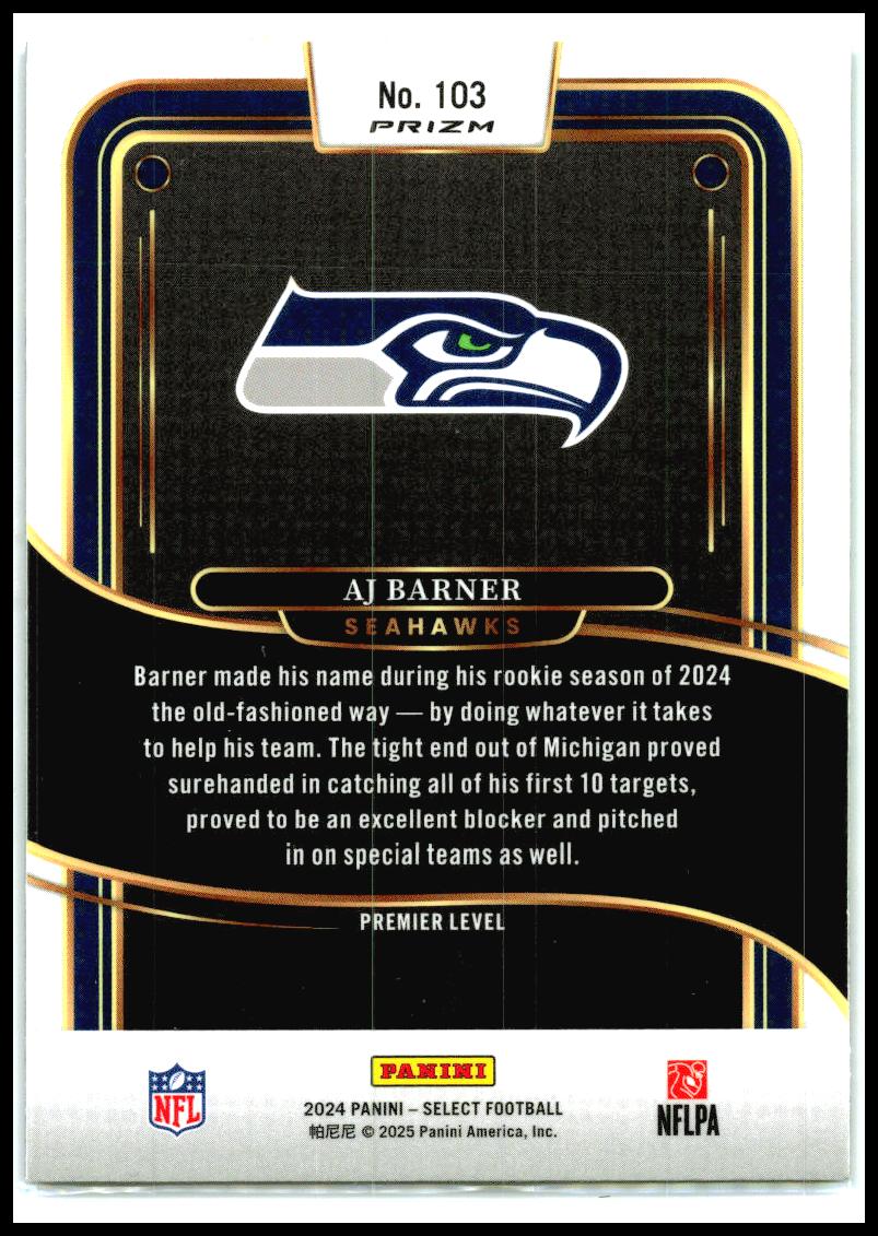 2024 Panini Select Black & Green Prizm Shock #103 AJ Barner Rookie Seattle