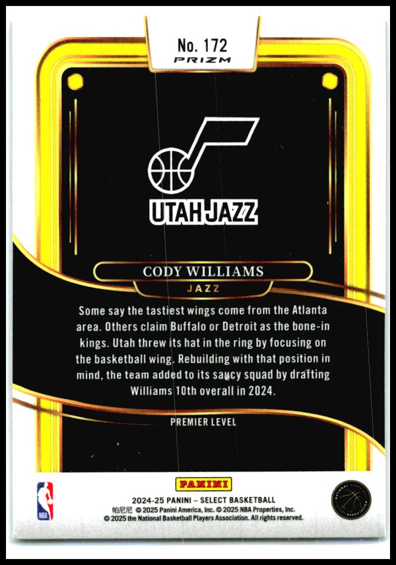 2024-25 Panini Select Blue Cracked Ice Prizm #172 Cody Williams Rookie Utah Jazz