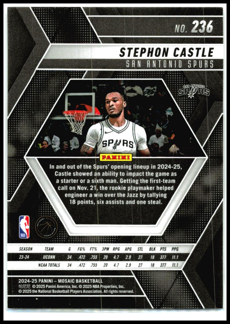 2024-25 Panini Mosaic #236 Stephon Castle Rookie San Antonio Spurs