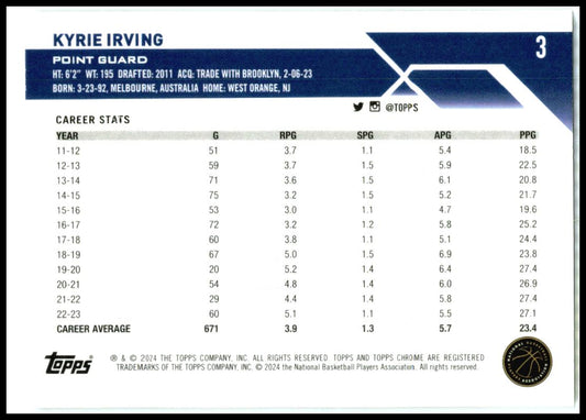 2023-24 Topps Chrome #3 Kyrie Irving Dallas Mavericks