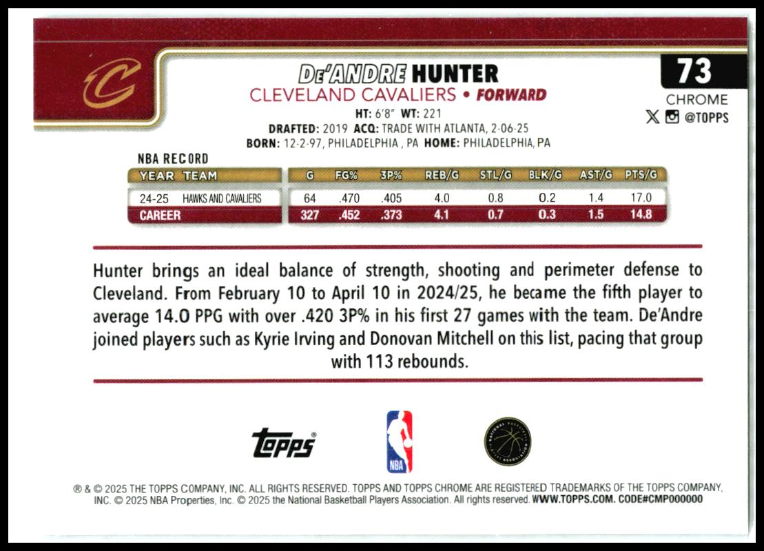 2025-26 Topps Chrome X-Fractor #73 De'Andre Hunter Cleveland Cavaliers