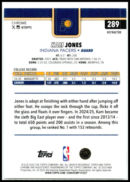 2025-26 Topps Chrome Refractor #289 Kam Jones Rookie Indiana Pacers