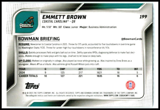 2025 Bowman University Chrome #199 Emmett Brown Coastal Carolina Chanticleers
