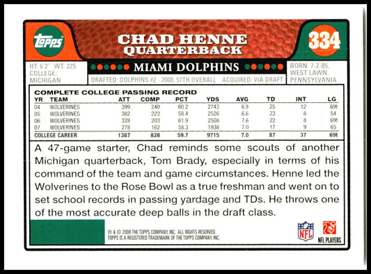 2008 Topps #334 Chad Henne Rookie Miami Dolphins