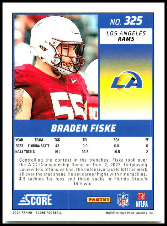 2024 Score #325 Braden Fiske Rookie Los Angeles Rams