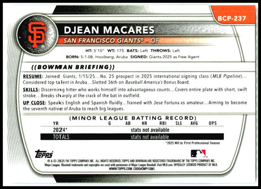 2025 Bowman Chrome #BCP-237 Djean Macares San Francisco Giants