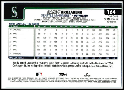2025 Topps Chrome Refractors #164 Randy Arozarena Seattle Mariners