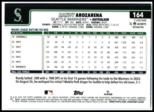 2025 Topps Chrome Refractors #164 Randy Arozarena Seattle Mariners
