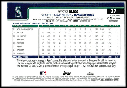 2025 Topps Chrome Refractors #37 Ryan Bliss Rookie Seattle Mariners